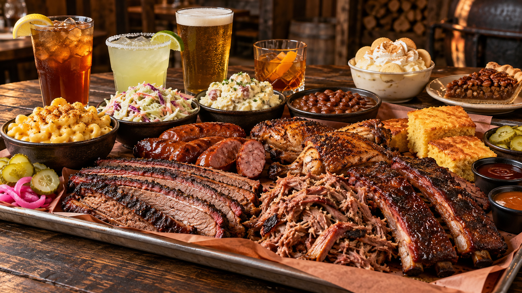 Illustrative concept photograph of a barbecue spread with meats and sides